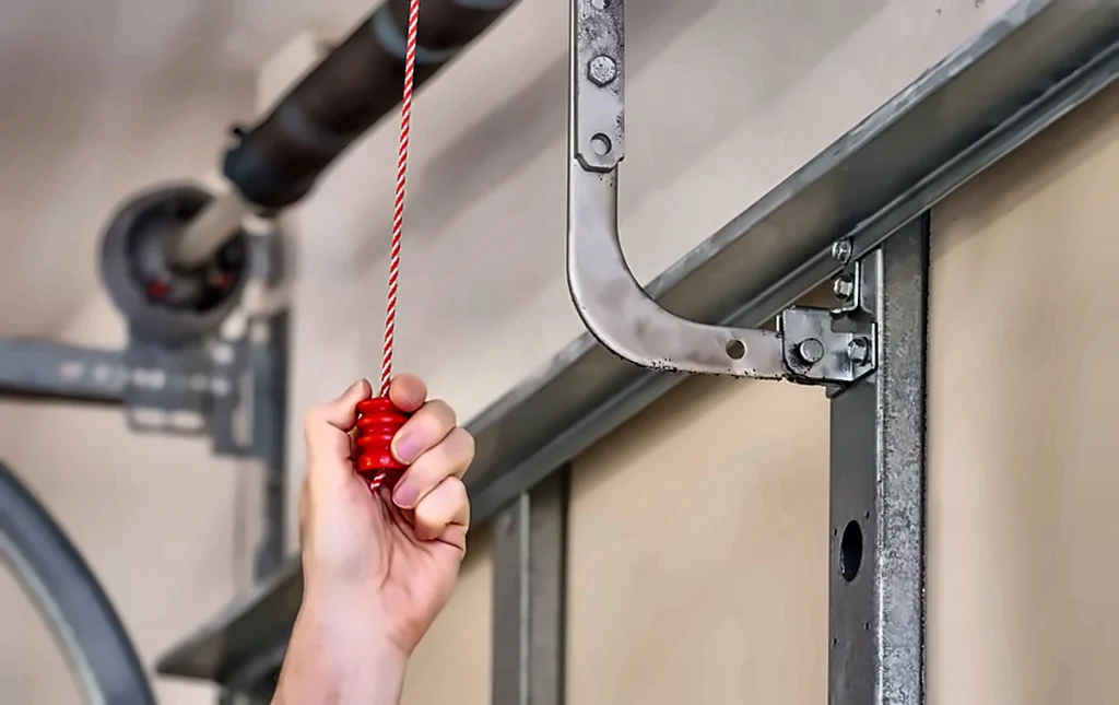 Hand pulling the red manual release cord on a garage door track