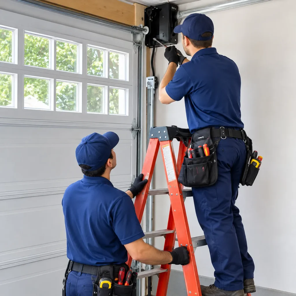 Two garage door technicians on a ladder working on a garage door