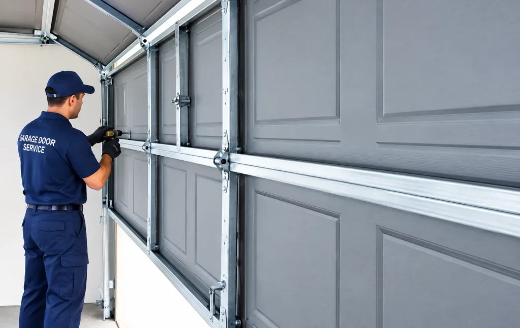 Technician tightening garage door panel hardware